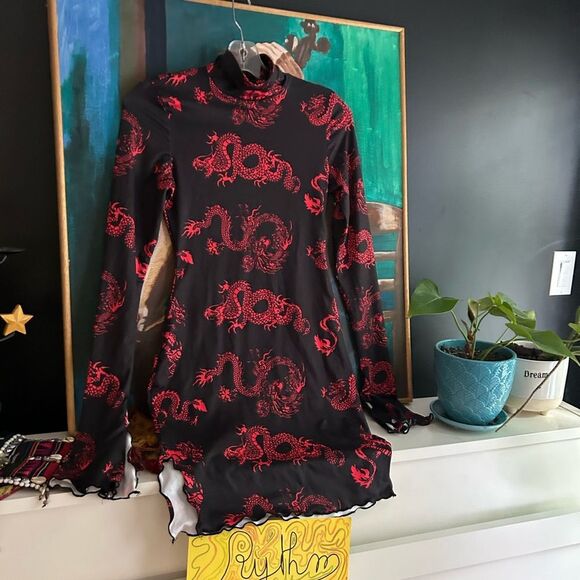 SHEIN Black and Red Dragon Print Midi Dress XS - Picture 3 of 15
